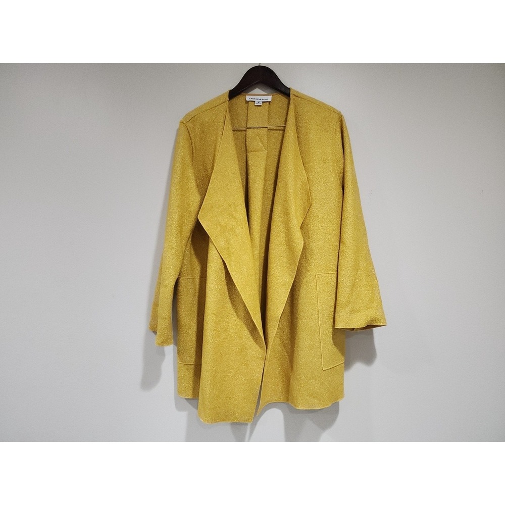 Caroline Rose Cardigan Jacket Womens Medium Mustard Yellow Draped Open Front
